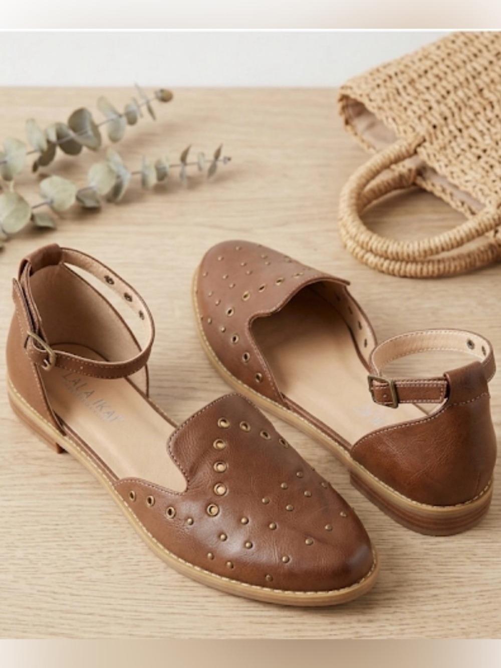 LALA IKAI Women Studded Flat Sandal Closed Toe Ankle Strap Leather Cut Out Shoes